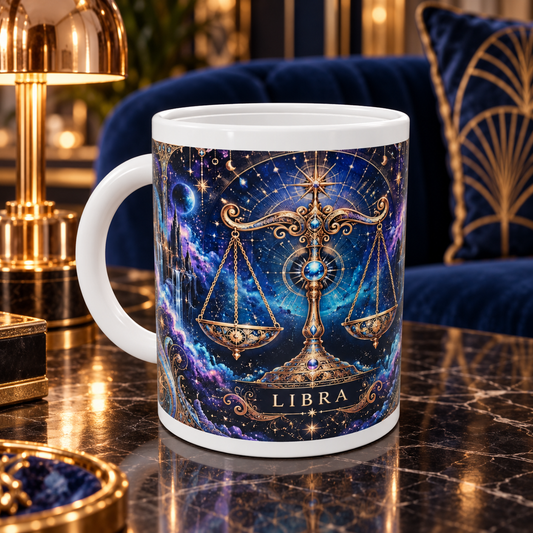Libra Cosmic Tapestry zodiac wraparound mug, front view with white top and bottom borders