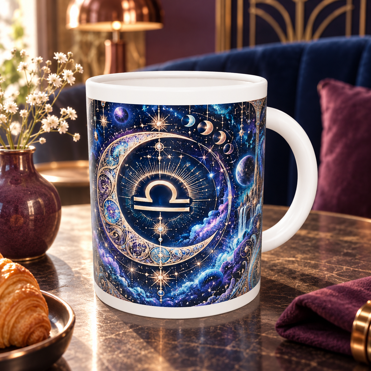 Libra Cosmic Tapestry zodiac wraparound mug, back view with white top and bottom borders