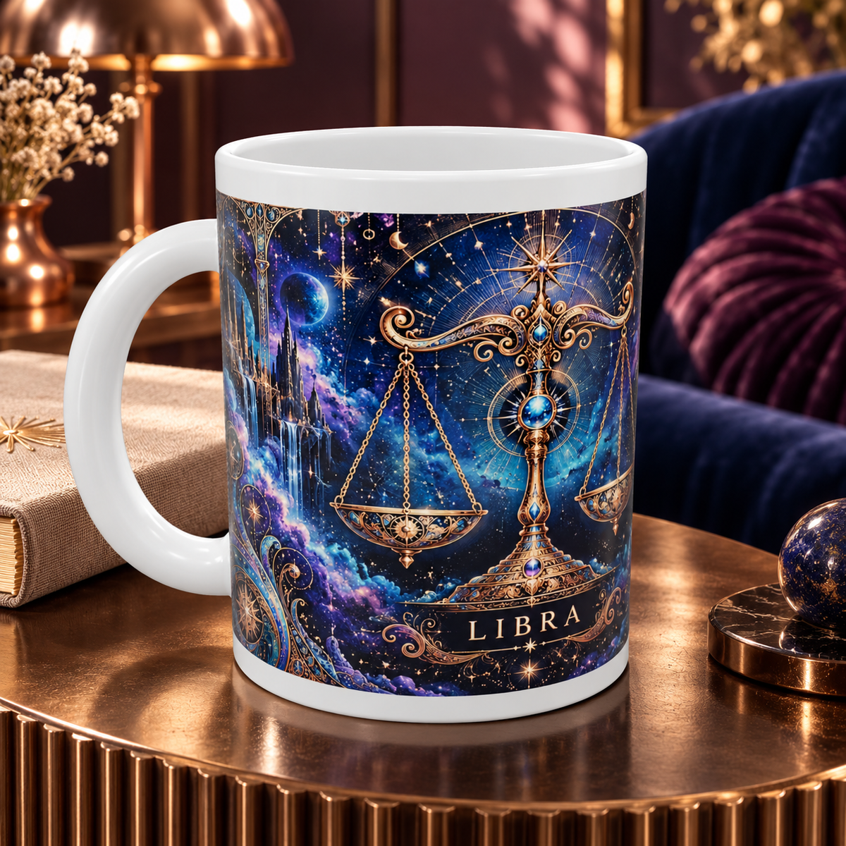 Libra Cosmic Tapestry zodiac wraparound mug, detail view with white top and bottom borders