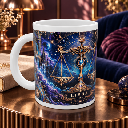 Libra Cosmic Tapestry zodiac wraparound mug, detail view with white top and bottom borders
