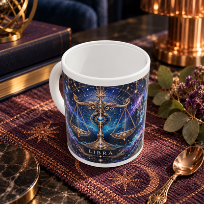 Libra Cosmic Tapestry zodiac wraparound mug, above view with white top and bottom borders