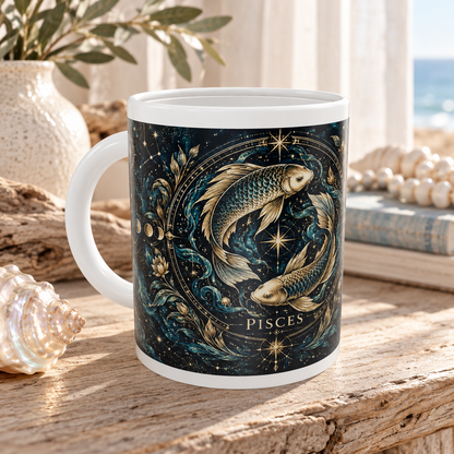 Pisces Celestial zodiac wraparound mug, front view with white top and bottom borders