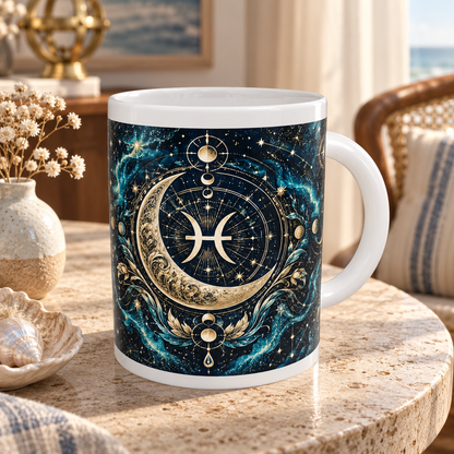 Pisces Celestial zodiac wraparound mug, back view with white top and bottom borders