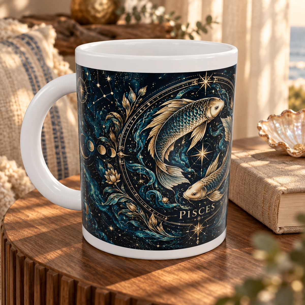 Pisces Celestial zodiac wraparound mug, detail view with white top and bottom borders