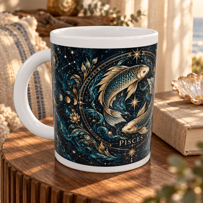 Pisces Celestial zodiac wraparound mug, detail view with white top and bottom borders