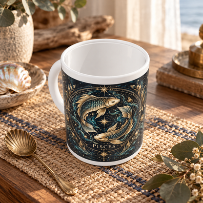 Pisces Celestial zodiac wraparound mug, above view with white top and bottom borders