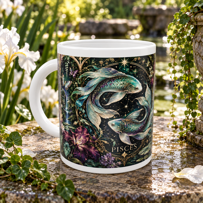 Pisces Enchanted Garden zodiac wraparound mug, front view with white top and bottom borders