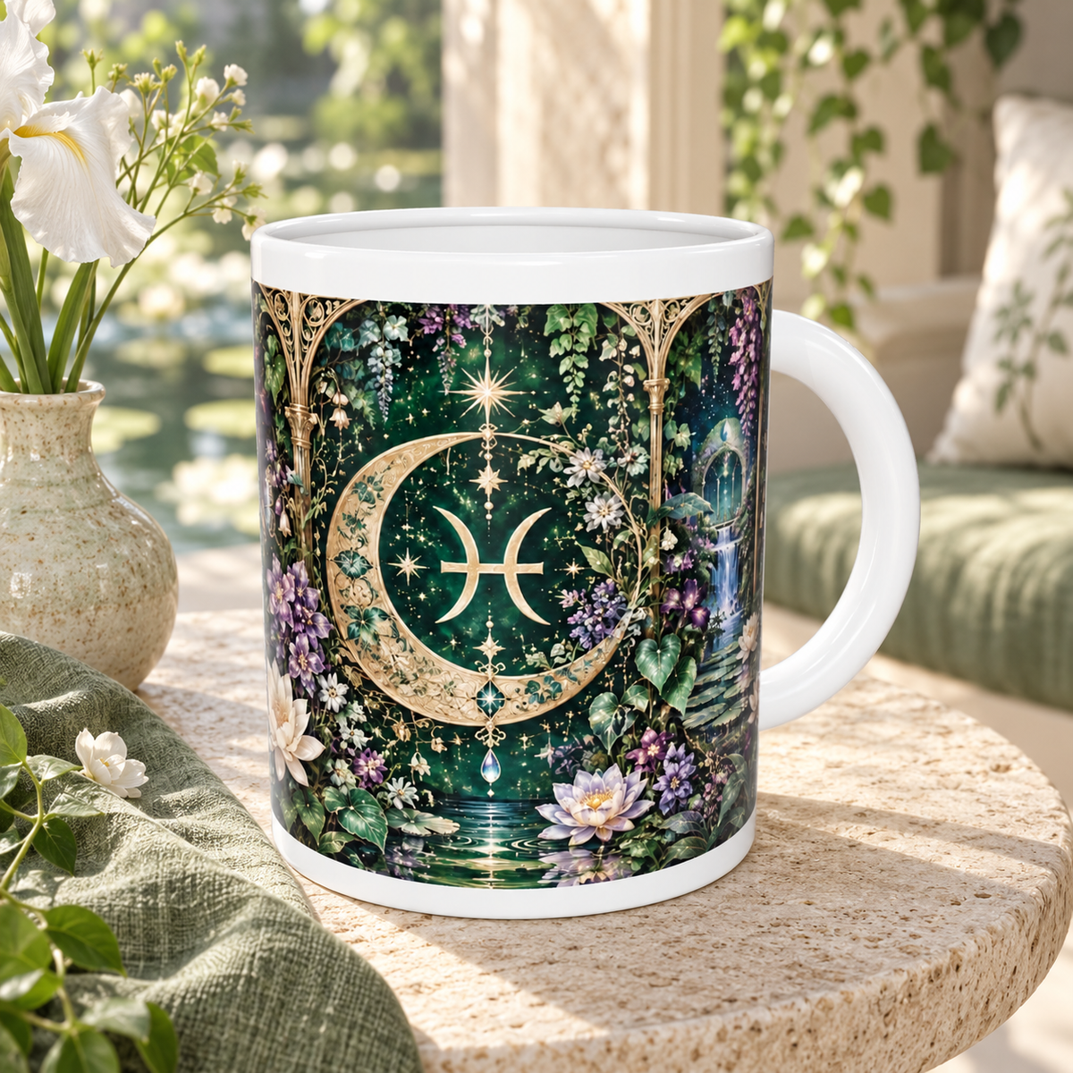 Pisces Enchanted Garden zodiac wraparound mug, back view with white top and bottom borders