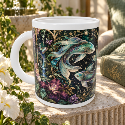 Pisces Enchanted Garden zodiac wraparound mug, detail view with white top and bottom borders