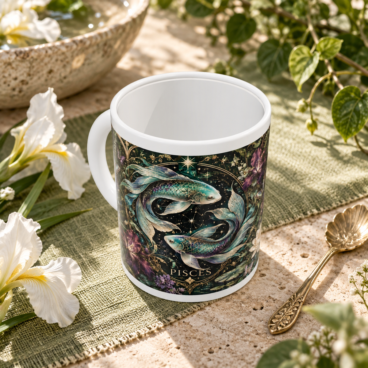 Pisces Enchanted Garden zodiac wraparound mug, above view with white top and bottom borders
