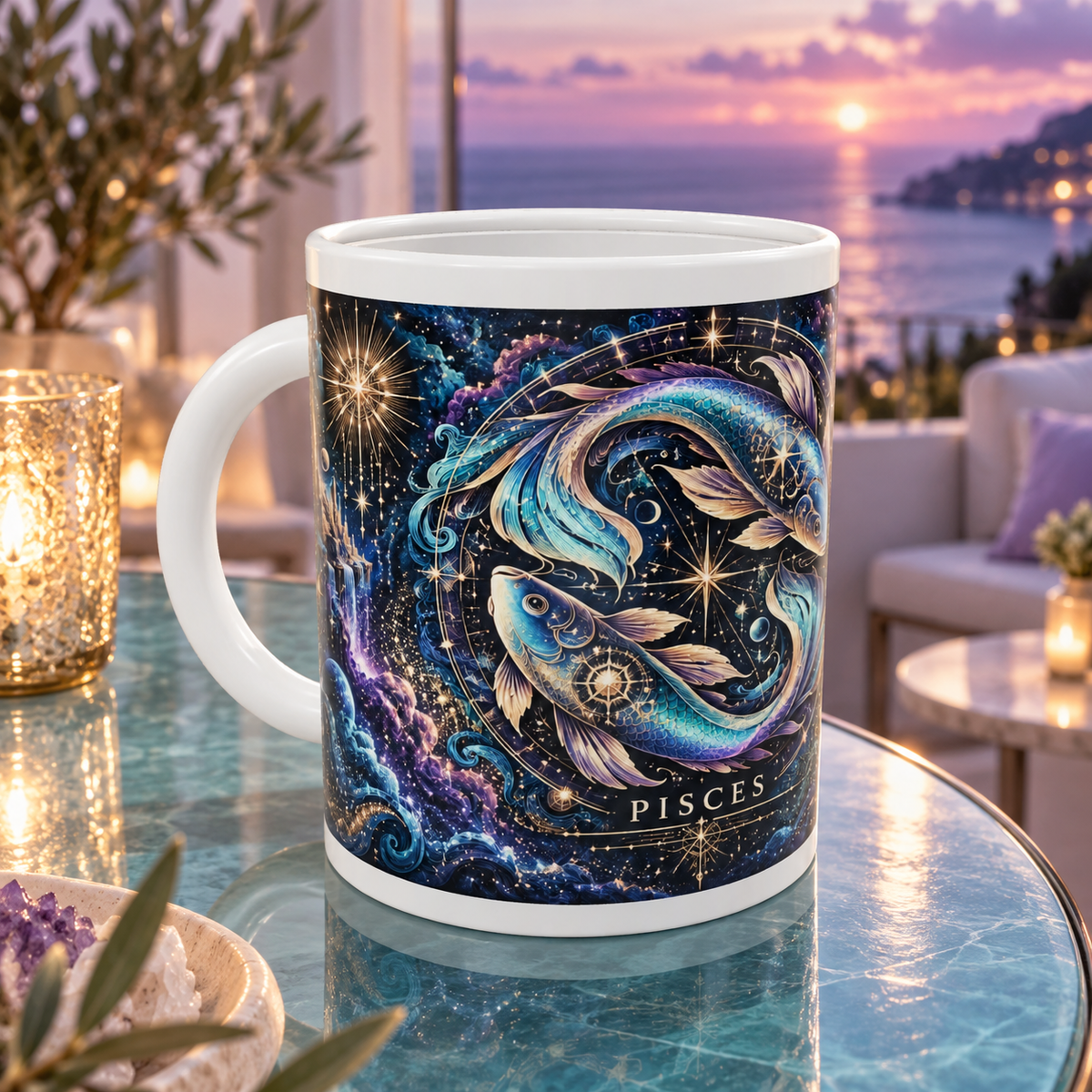 Pisces Cosmic Tapestry zodiac wraparound mug, front view with white top and bottom borders