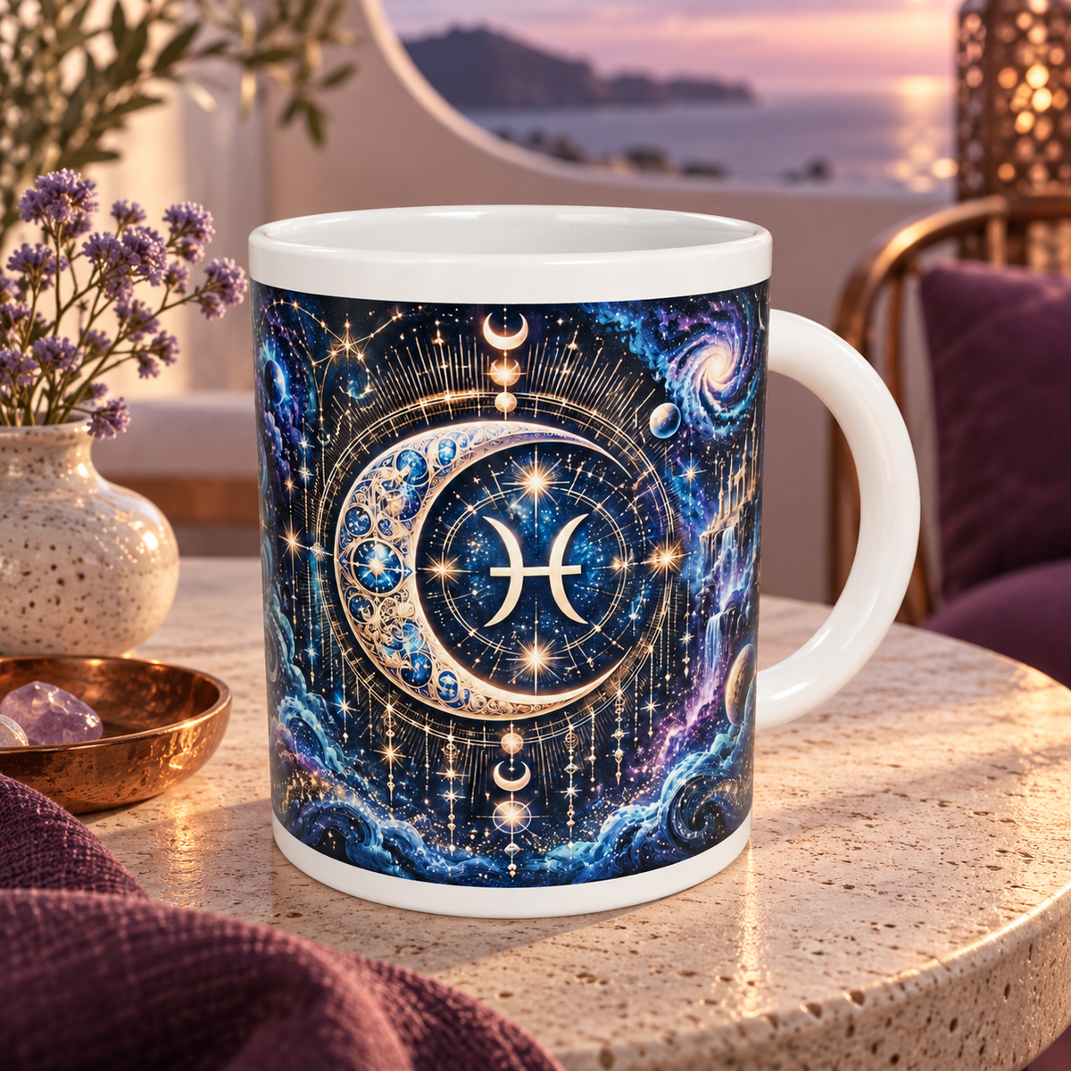 Pisces Cosmic Tapestry zodiac wraparound mug, back view with white top and bottom borders