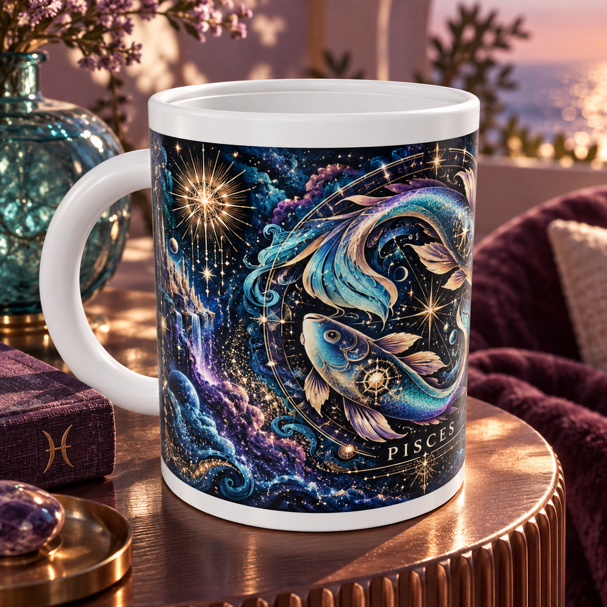 Pisces Cosmic Tapestry zodiac wraparound mug, detail view with white top and bottom borders
