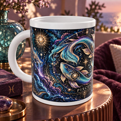 Pisces Cosmic Tapestry zodiac wraparound mug, detail view with white top and bottom borders