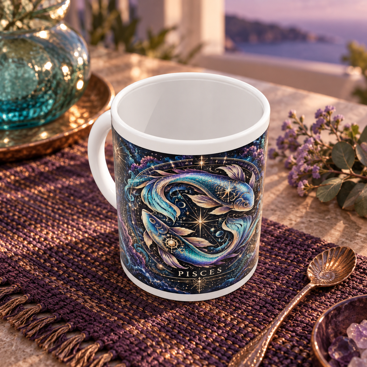 Pisces Cosmic Tapestry zodiac wraparound mug, above view with white top and bottom borders