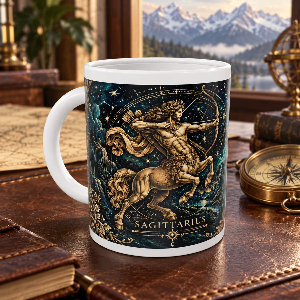 Sagittarius Celestial zodiac wraparound mug, front view with white top and bottom borders