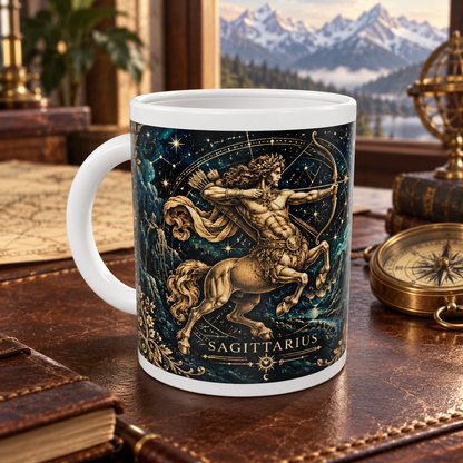 Sagittarius Celestial zodiac wraparound mug, front view with white top and bottom borders