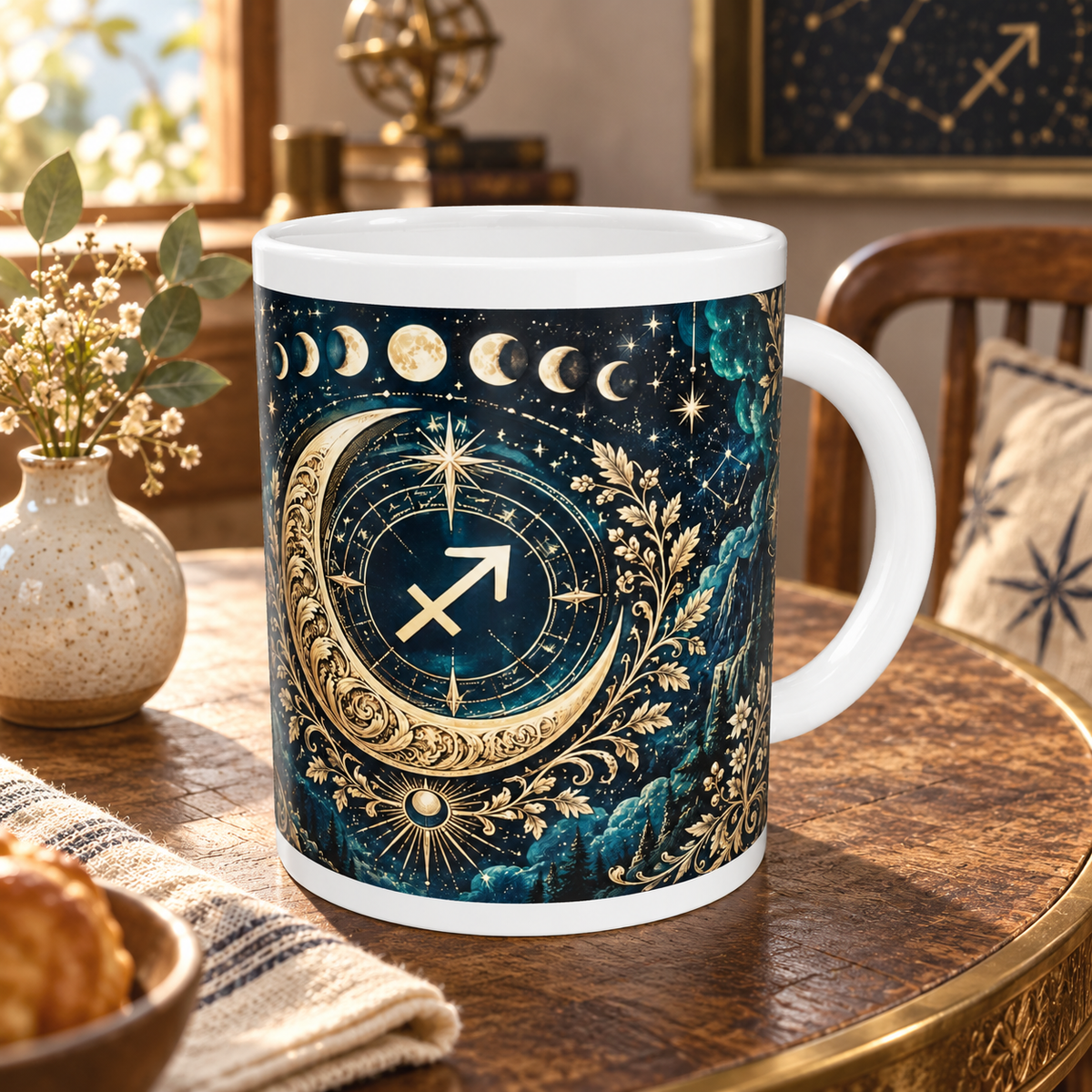 Sagittarius Celestial zodiac wraparound mug, back view with white top and bottom borders