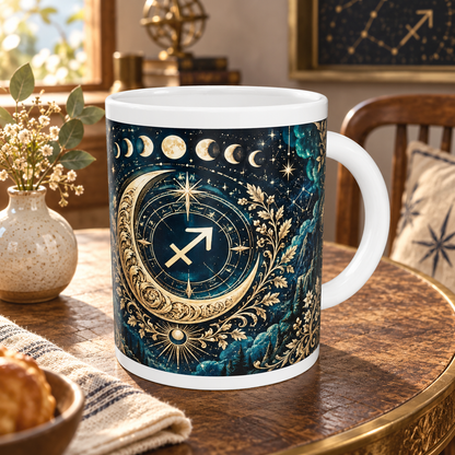 Sagittarius Celestial zodiac wraparound mug, back view with white top and bottom borders