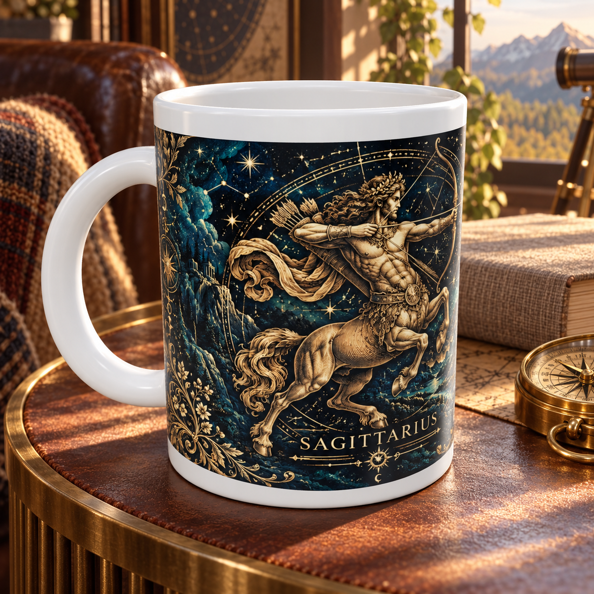 Sagittarius Celestial zodiac wraparound mug, detail view with white top and bottom borders