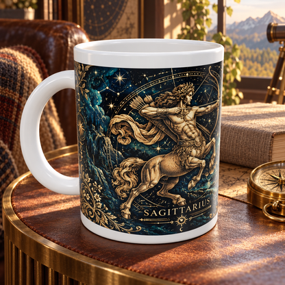 Sagittarius Celestial zodiac wraparound mug, detail view with white top and bottom borders