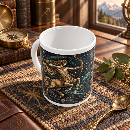 Sagittarius Celestial zodiac wraparound mug, above view with white top and bottom borders