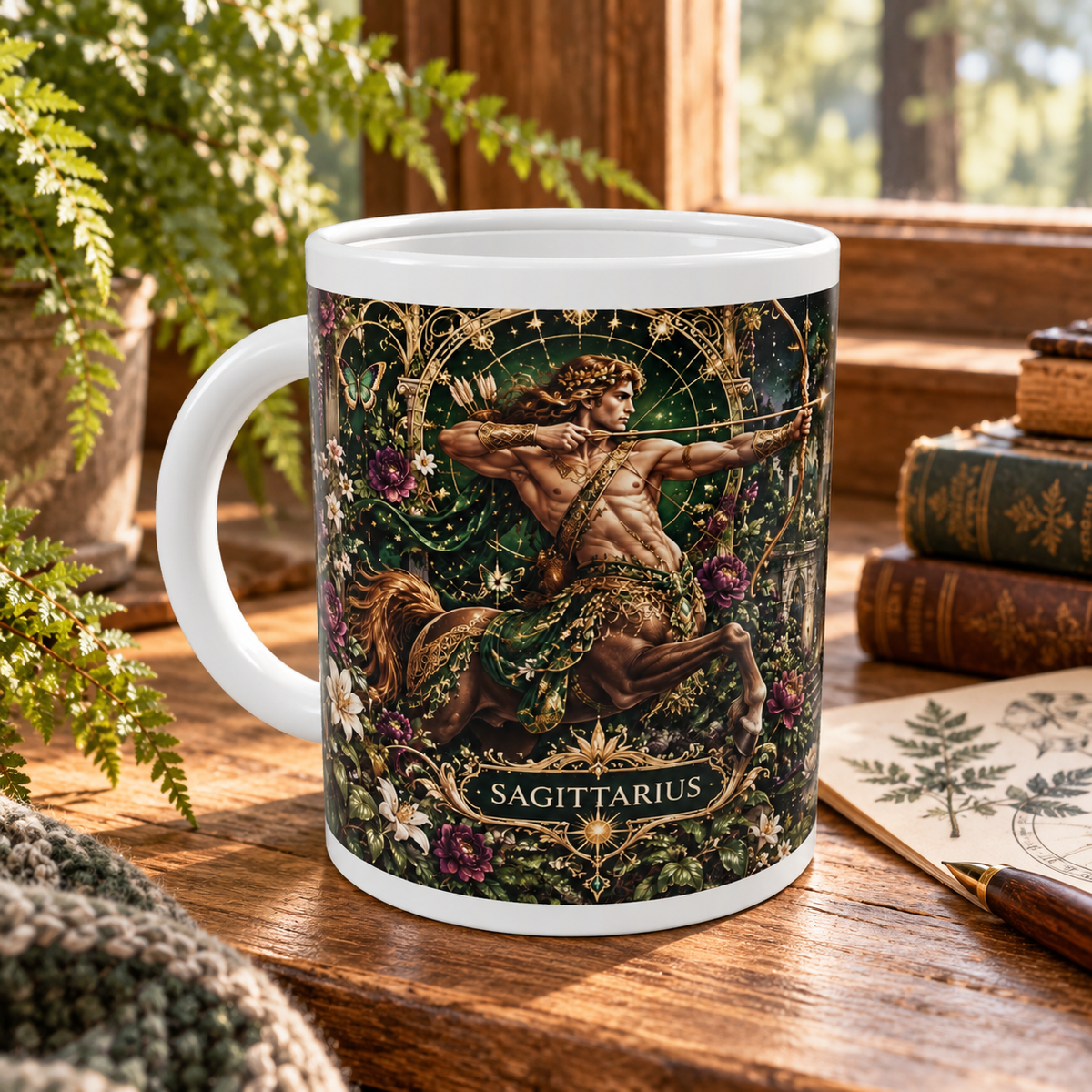 Sagittarius Enchanted Garden zodiac wraparound mug, front view with white top and bottom borders