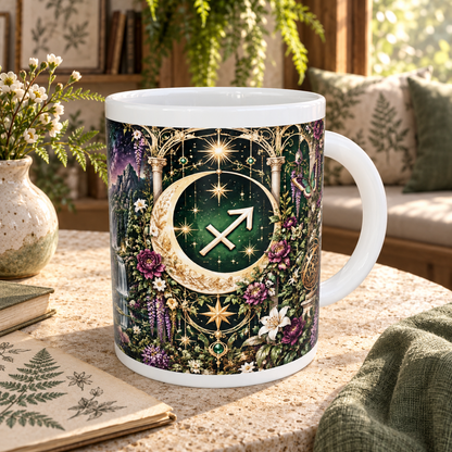 Sagittarius Enchanted Garden zodiac wraparound mug, back view with white top and bottom borders