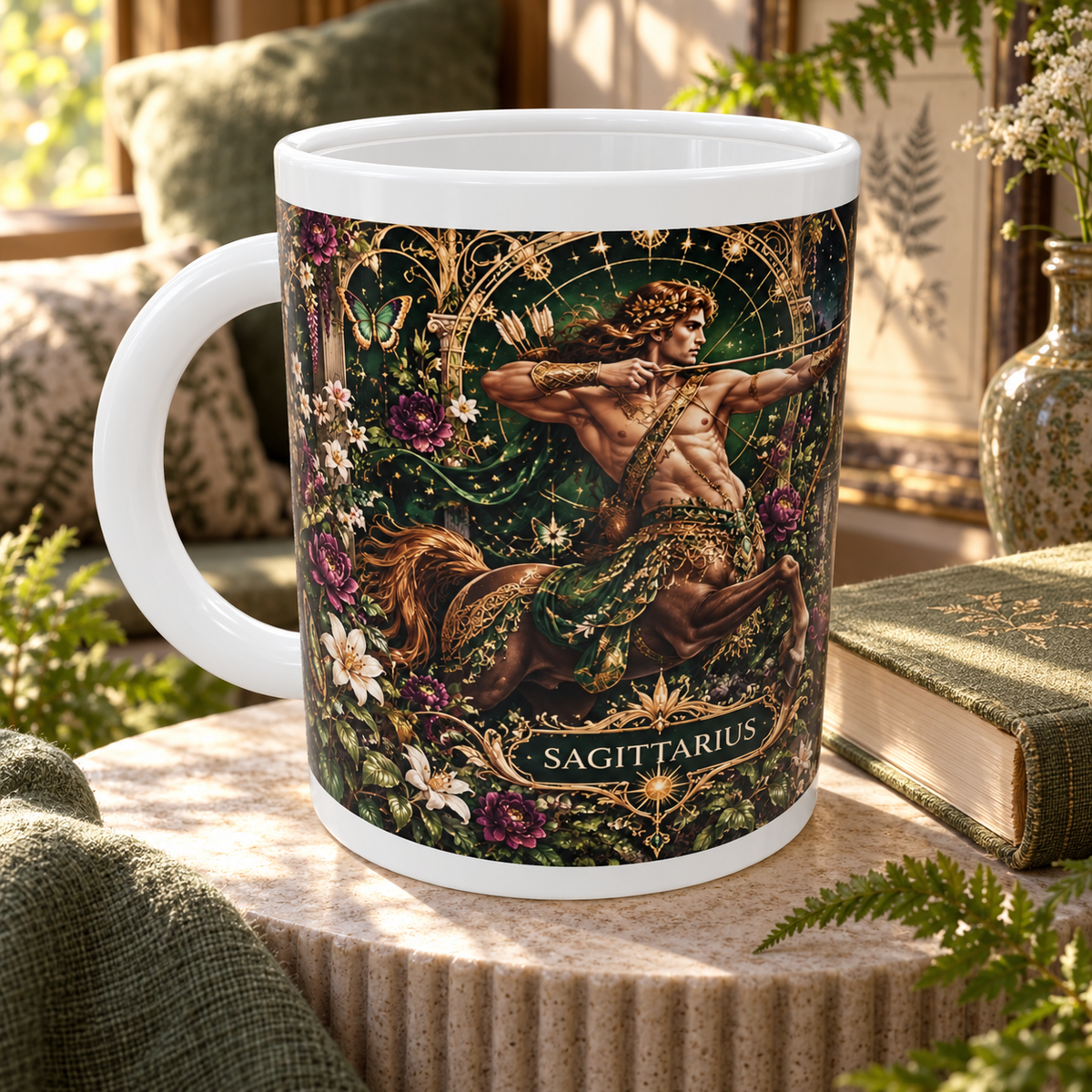 Sagittarius Enchanted Garden zodiac wraparound mug, detail view with white top and bottom borders