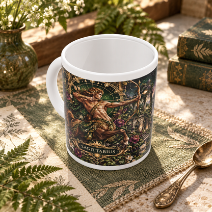 Sagittarius Enchanted Garden zodiac wraparound mug, above view with white top and bottom borders