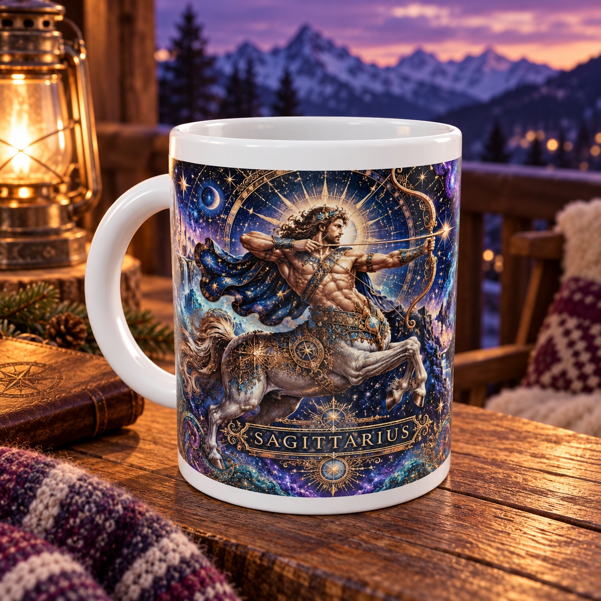 Sagittarius Cosmic Tapestry zodiac wraparound mug, front view with white top and bottom borders