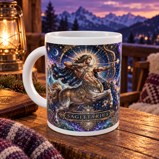 Sagittarius Cosmic Tapestry zodiac wraparound mug, front view with white top and bottom borders
