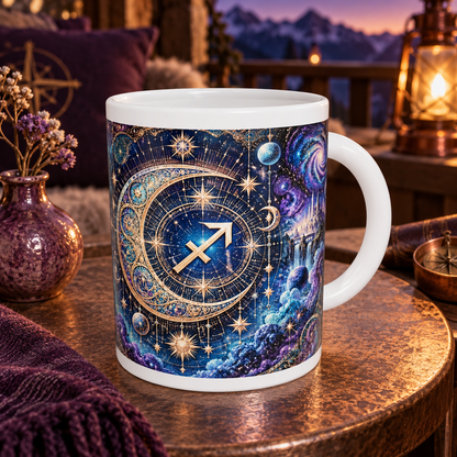 Sagittarius Cosmic Tapestry zodiac wraparound mug, back view with white top and bottom borders