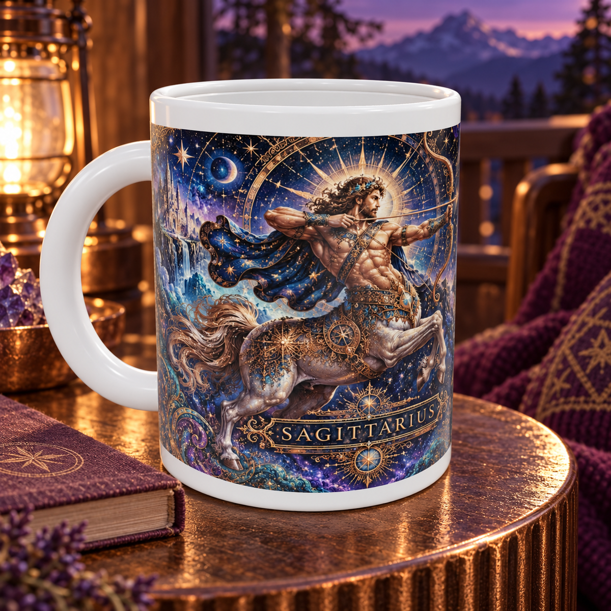 Sagittarius Cosmic Tapestry zodiac wraparound mug, detail view with white top and bottom borders