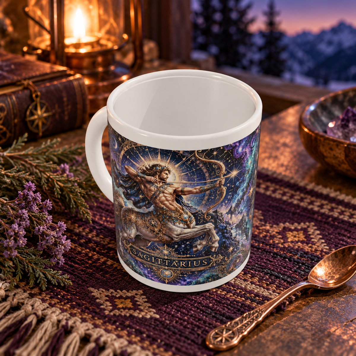 Sagittarius Cosmic Tapestry zodiac wraparound mug, above view with white top and bottom borders