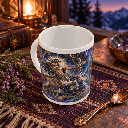 Sagittarius Cosmic Tapestry zodiac wraparound mug, above view with white top and bottom borders