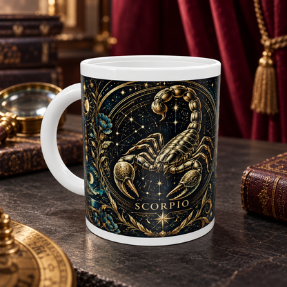 Scorpio Celestial zodiac wraparound mug, front view with white top and bottom borders