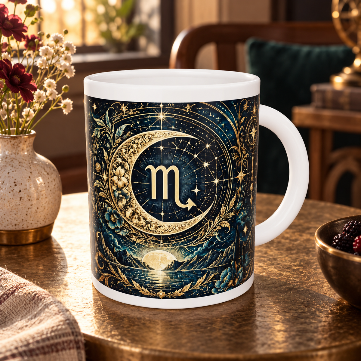 Scorpio Celestial zodiac wraparound mug, back view with white top and bottom borders