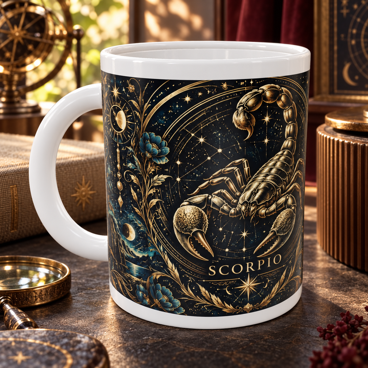 Scorpio Celestial zodiac wraparound mug, detail view with white top and bottom borders