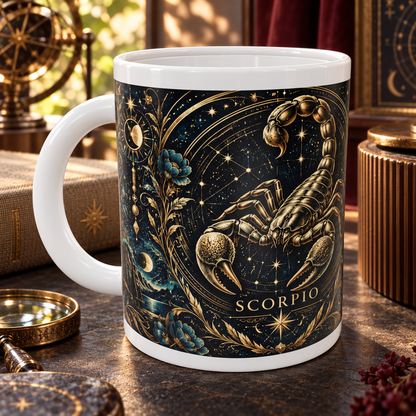 Scorpio Celestial zodiac wraparound mug, detail view with white top and bottom borders