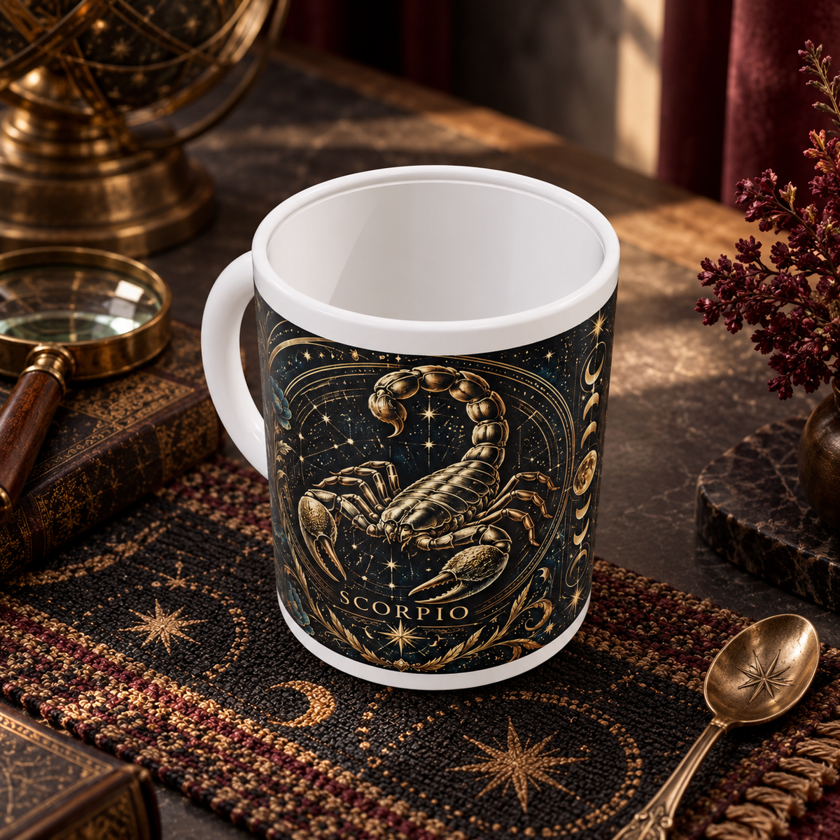 Scorpio Celestial zodiac wraparound mug, above view with white top and bottom borders