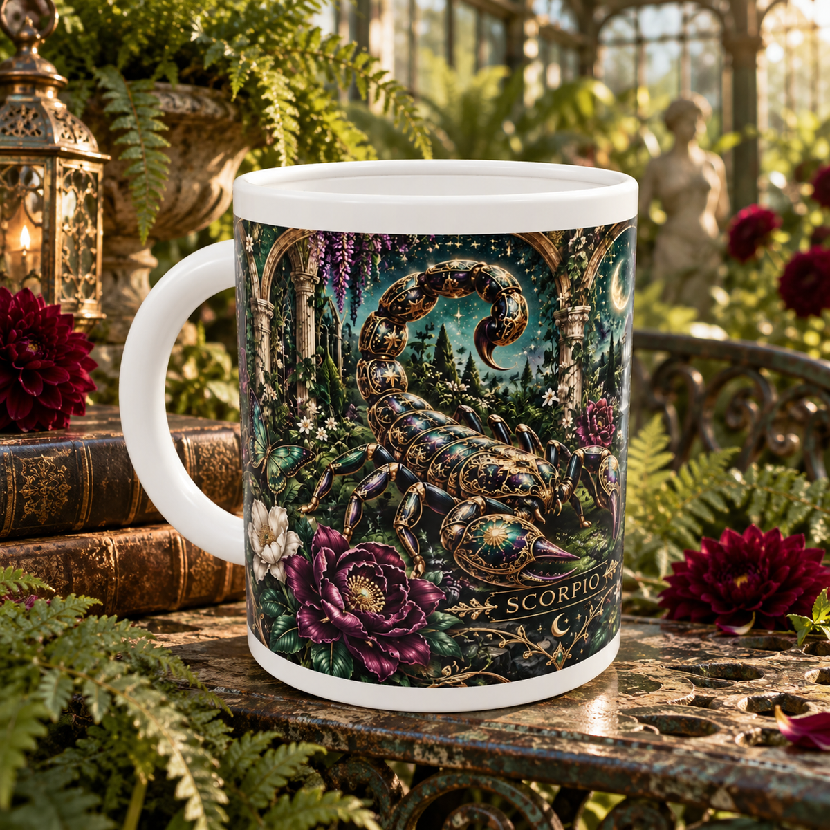 Scorpio Enchanted Garden zodiac wraparound mug, front view with white top and bottom borders