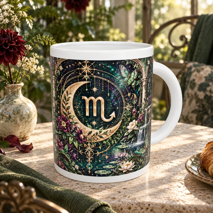 Scorpio Enchanted Garden zodiac wraparound mug, back view with white top and bottom borders