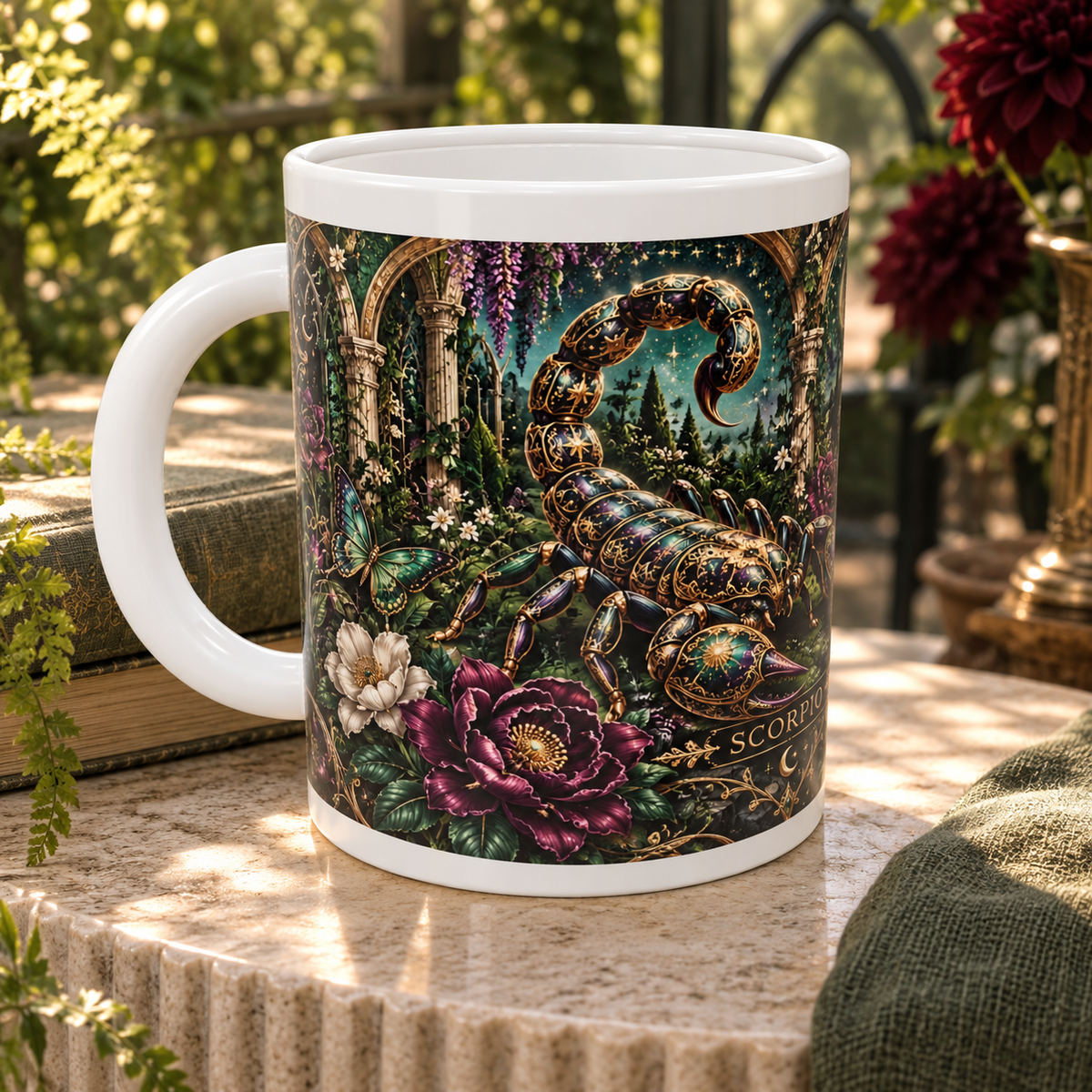 Scorpio Enchanted Garden zodiac wraparound mug, detail view with white top and bottom borders