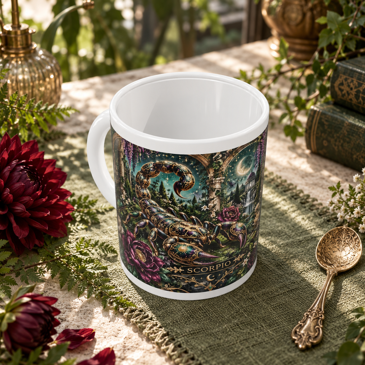 Scorpio Enchanted Garden zodiac wraparound mug, above view with white top and bottom borders