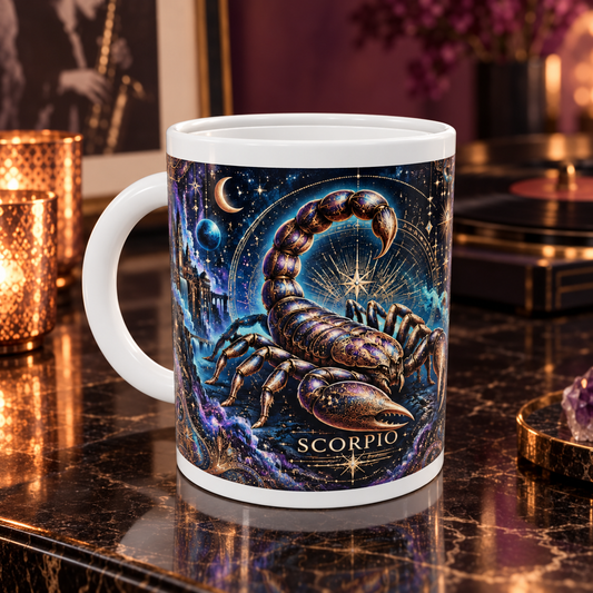 Scorpio Cosmic Tapestry zodiac wraparound mug, front view with white top and bottom borders