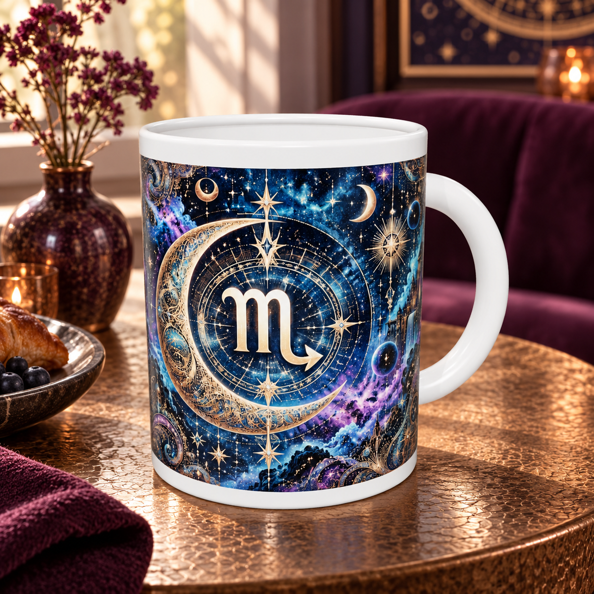 Scorpio Cosmic Tapestry zodiac wraparound mug, back view with white top and bottom borders