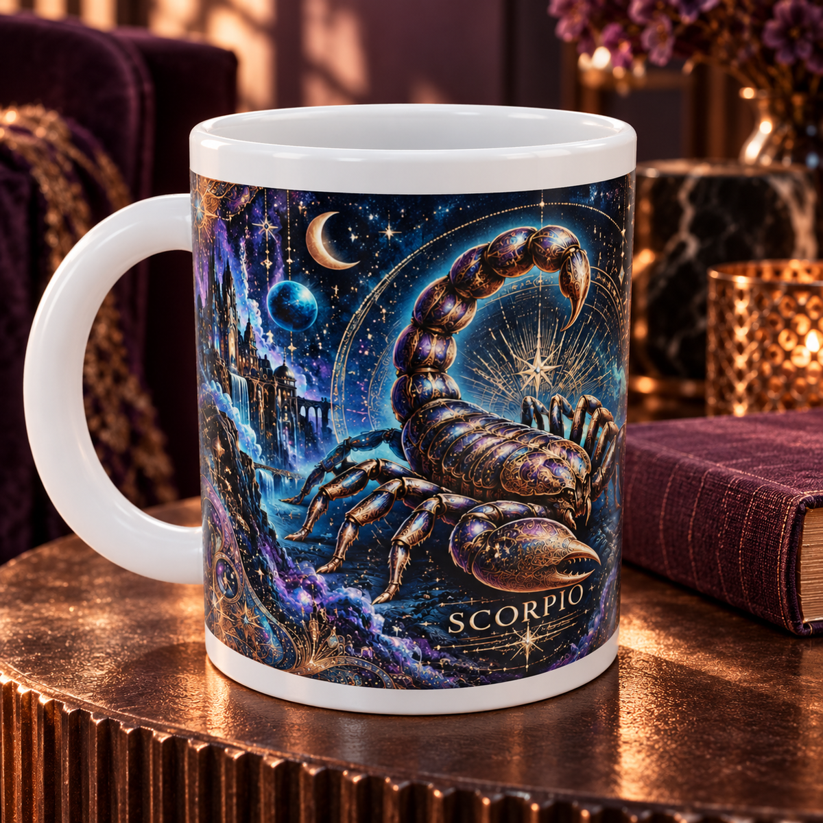 Scorpio Cosmic Tapestry zodiac wraparound mug, detail view with white top and bottom borders