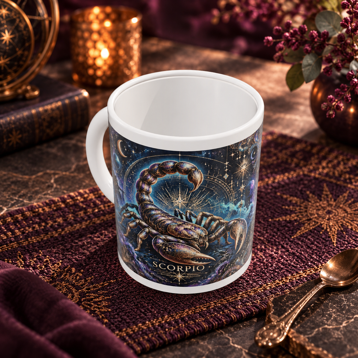 Scorpio Cosmic Tapestry zodiac wraparound mug, above view with white top and bottom borders