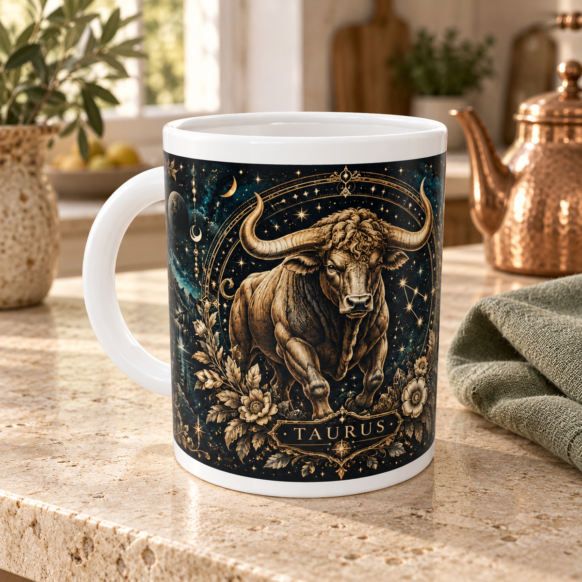 Taurus Celestial zodiac wraparound mug, front view with white top and bottom borders
